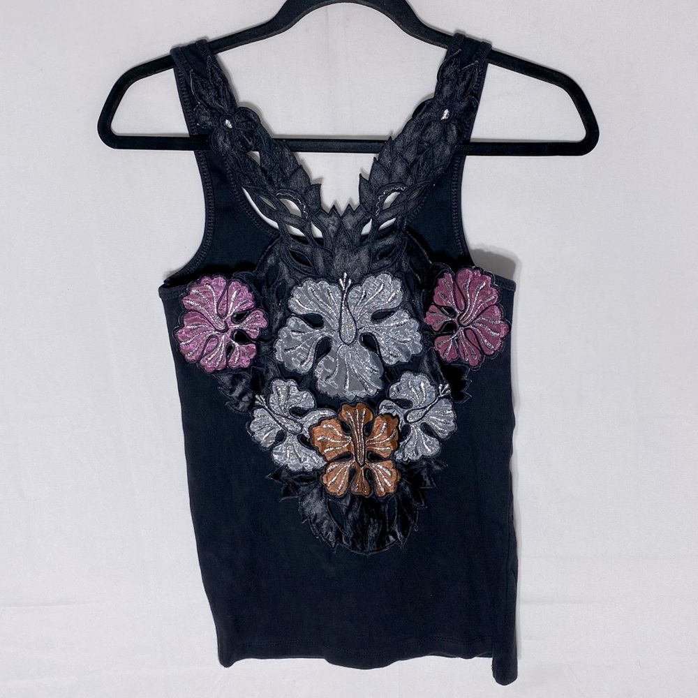 Vintage Y2K Simple Black Tank Top W Floral Appliqué M Festival Boho Retro